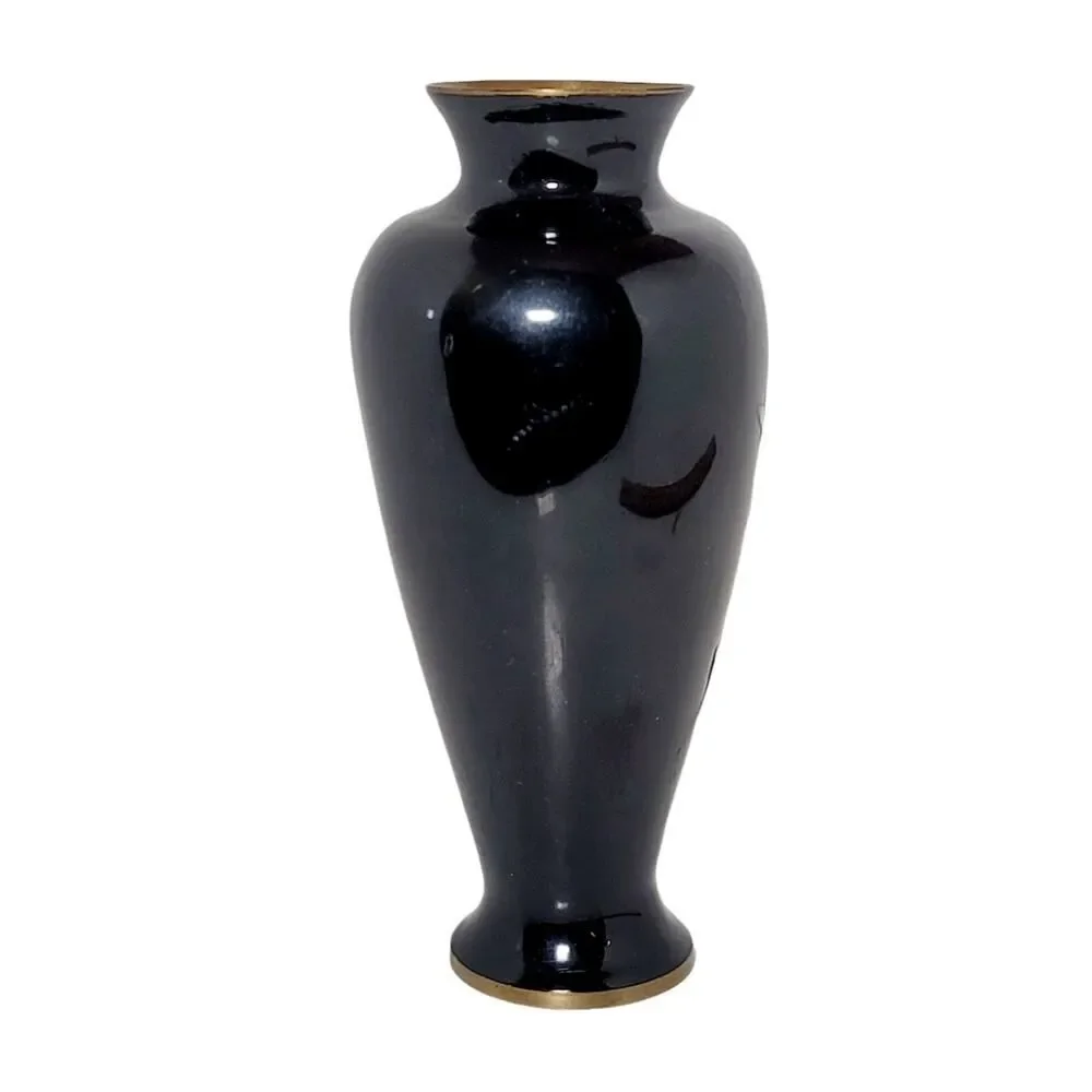 Vtg Asian Japanese Baluster Vase Black Lacquer & Mother of Pearl Floral Inlay 7